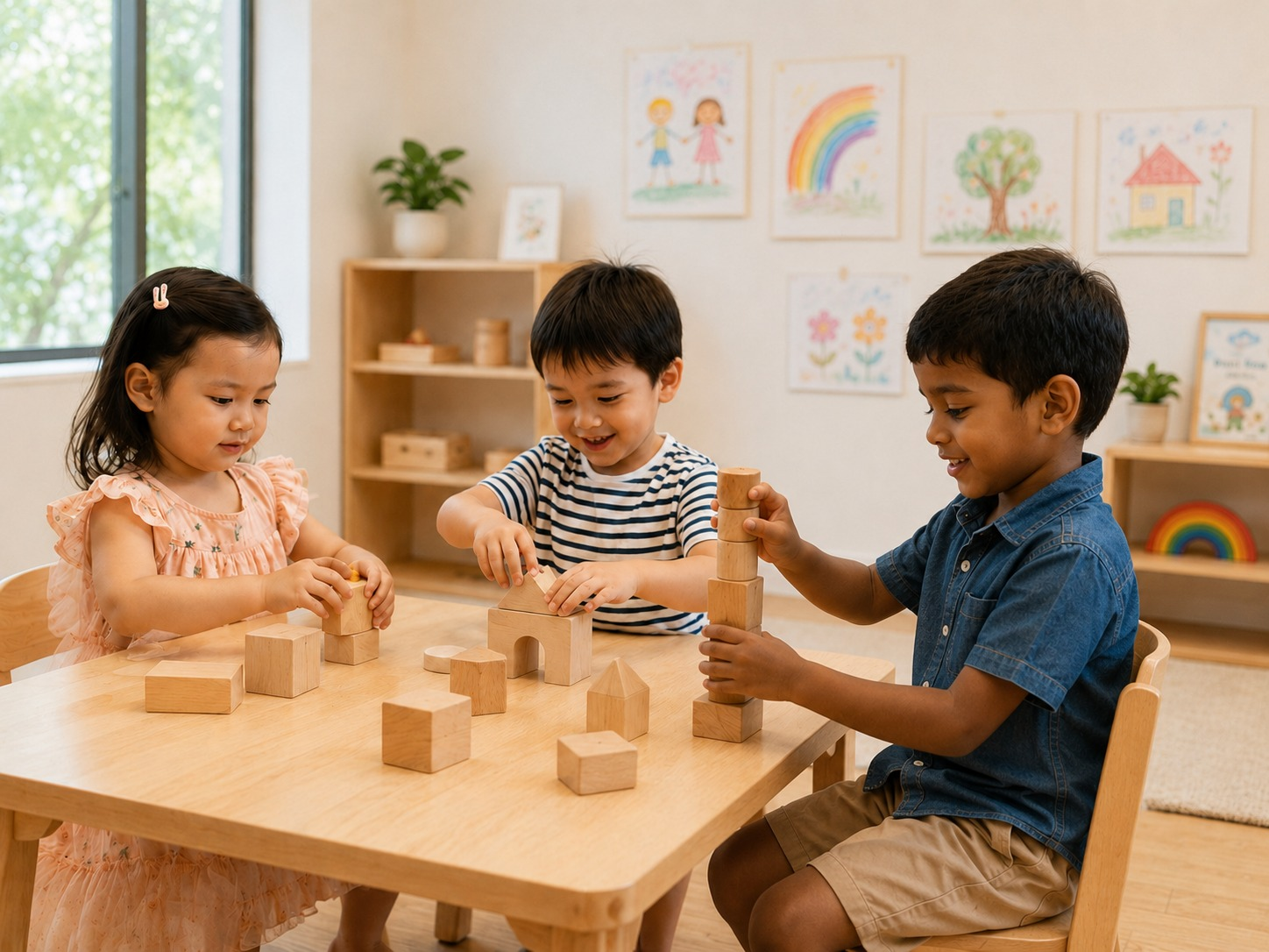 Preschoolers building with wooden blocks in a bright playroom