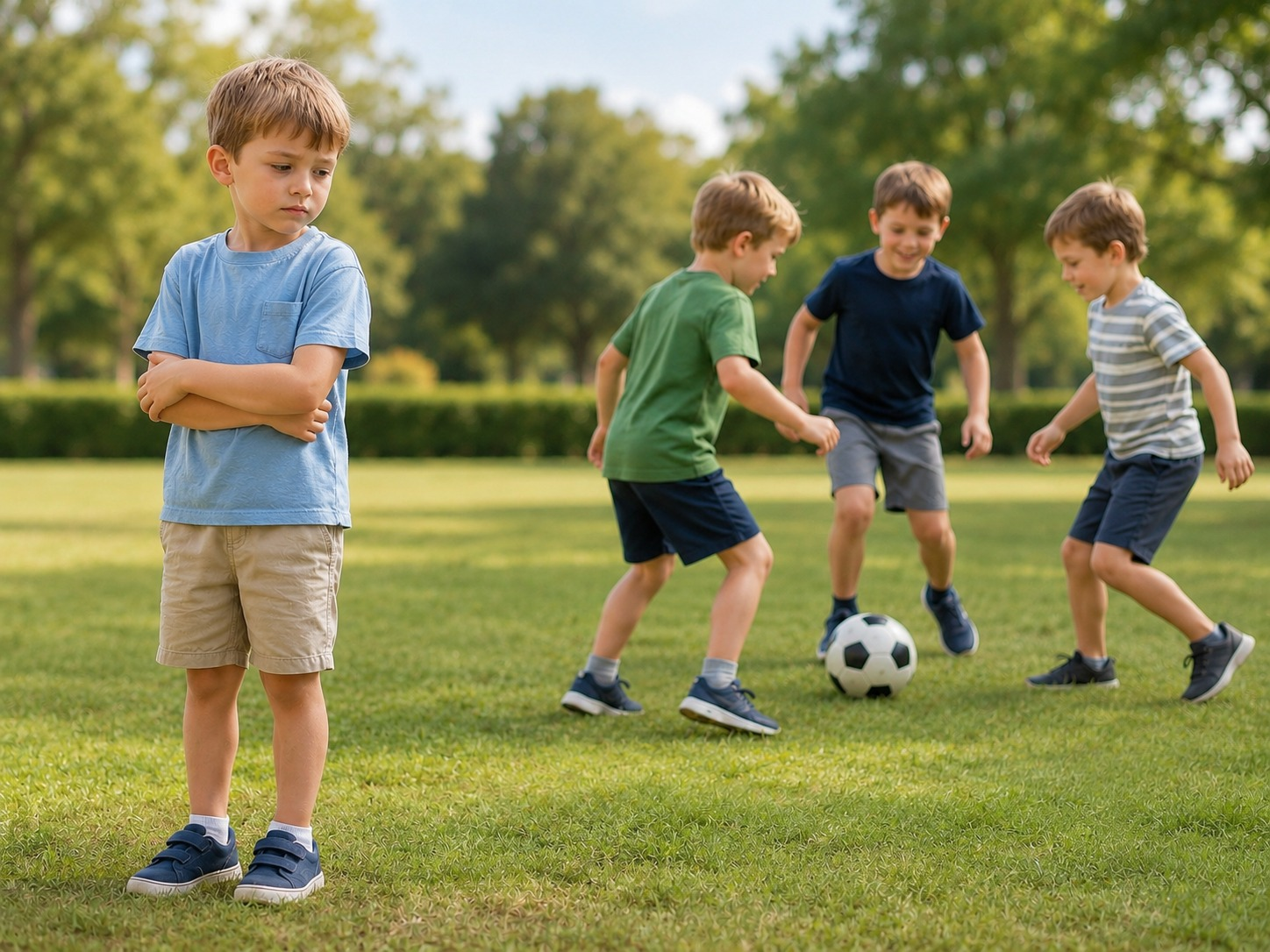 A child standing apart while others play — social difficulties