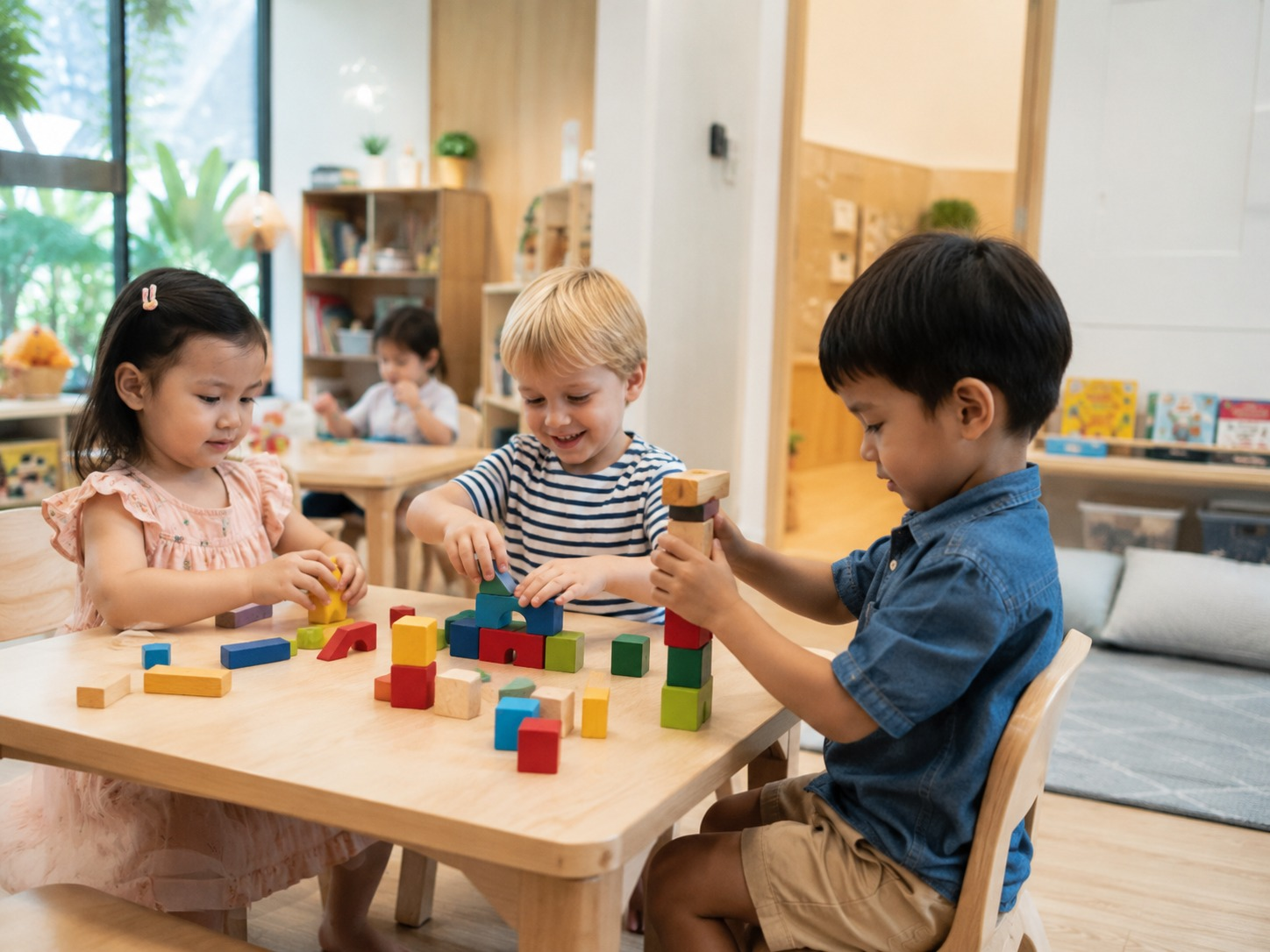 Children playing with colourful wooden blocks together
