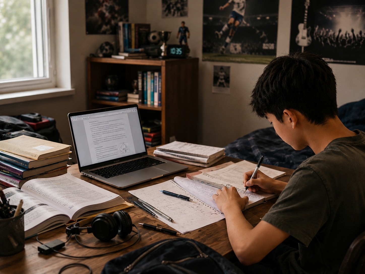 A teenager studying at a desk with books and laptop